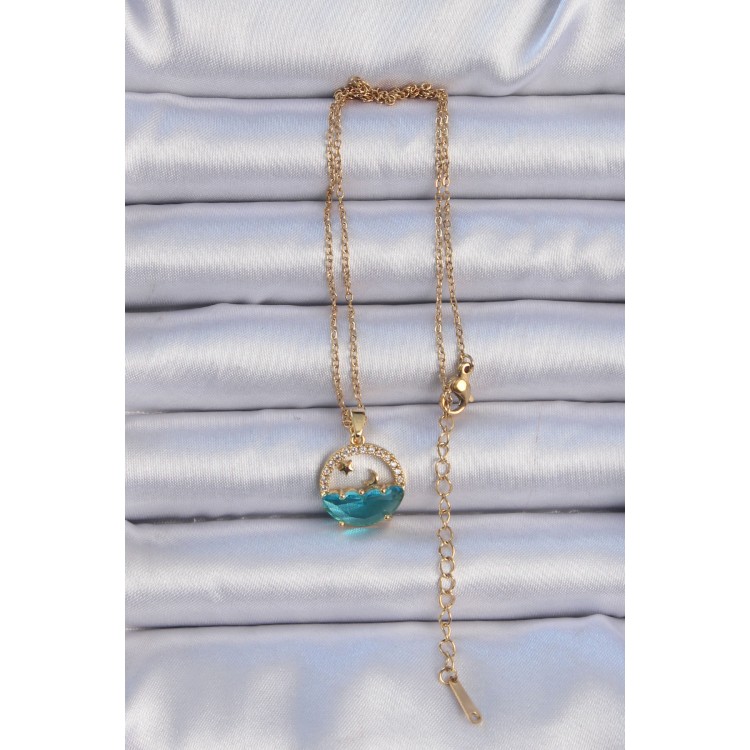 316L Çelik Zincir Altın Renk Zirkon Taşlı Deniz Görünümlü Ay Yıldız Kolye - TJ-BKO9065