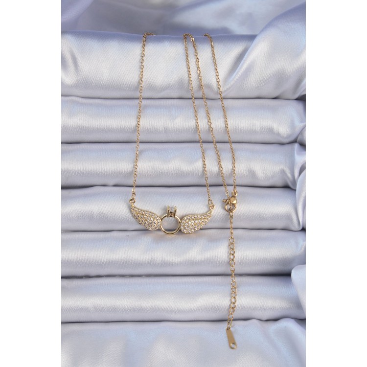 316L Çelik Zincir Altın Renk Kanatlı Tektaş Kolye - TJ-BKO9077