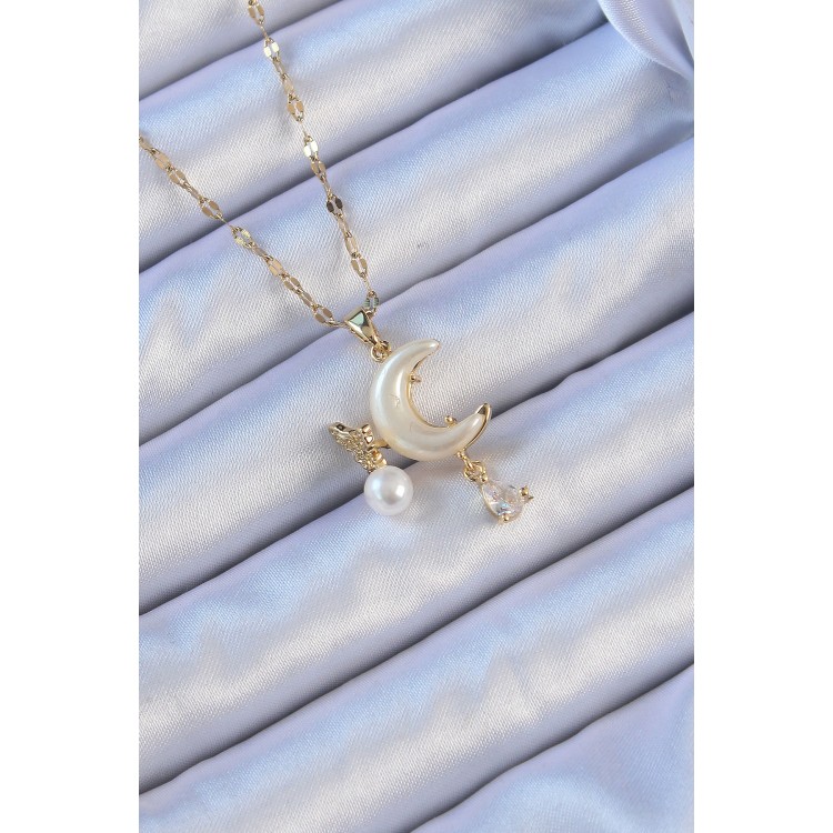 316L Çelik Zincir Altın Renk Zirkon Taşlı Kelebekli Mineli Ay Kolye - TJ-BKO9093