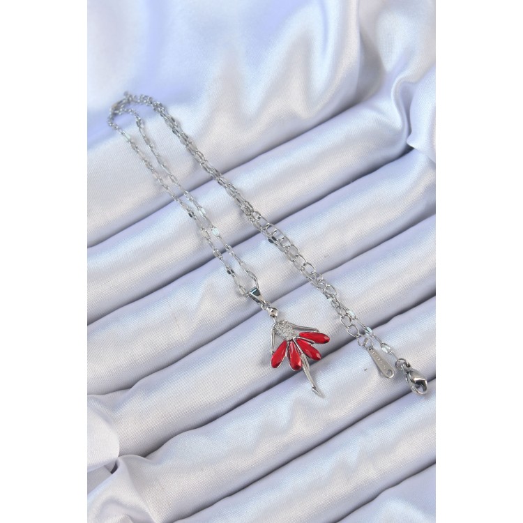 316L Çelik Zincir Gümüş Renk Kırmızı Etekli Zirkon Taşlı Balerin Kolye - TJ-BKO9100