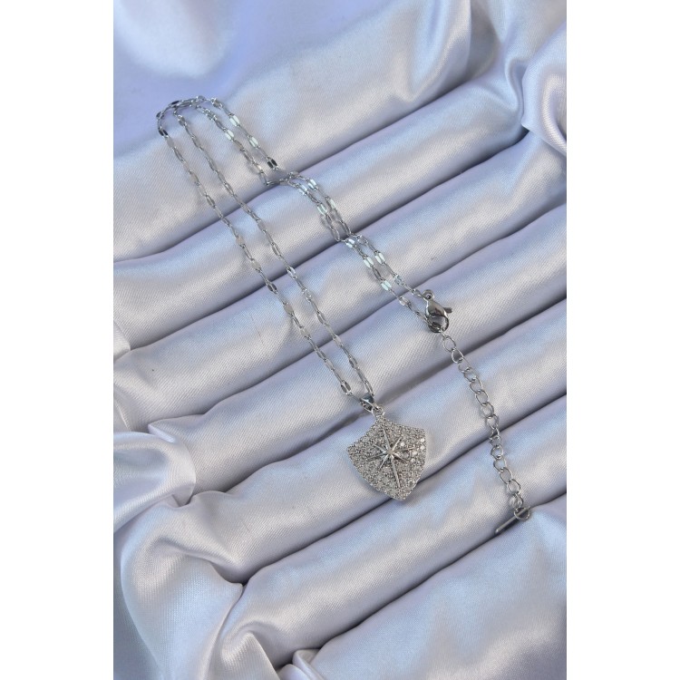 316L Çelik Zincir Gümüş Renk Zirkon Taşlı Kutup Yıldızı Kolye - TJ-BKO9126