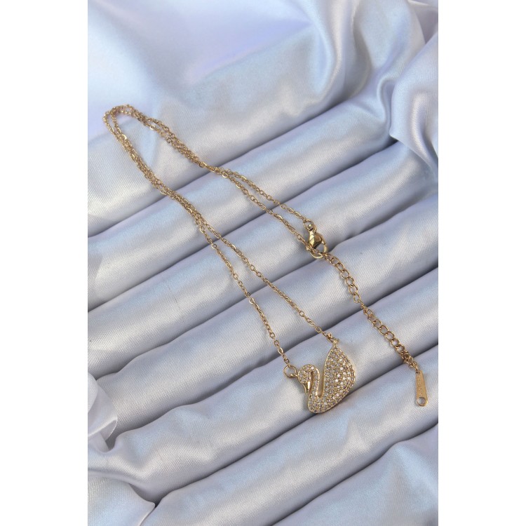 316L Çelik Zincir Altın Renk Zirkon Taşlı Kuğu Kolye - TJ-BKO9149