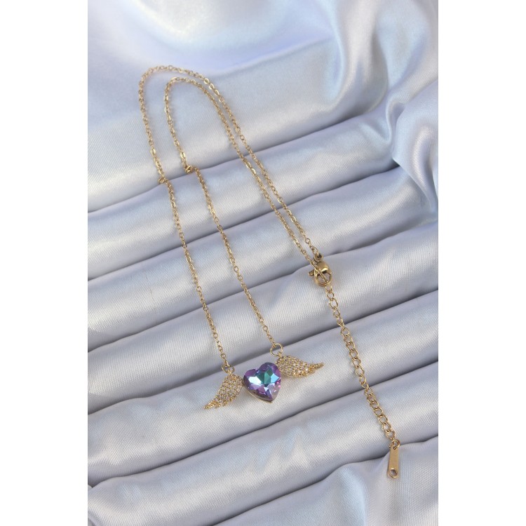 316L Çelik Zincir Altın Renk Mavi Mor Zirkon Taşlı Kanatlı Kalp Kolye - TJ-BKO9161