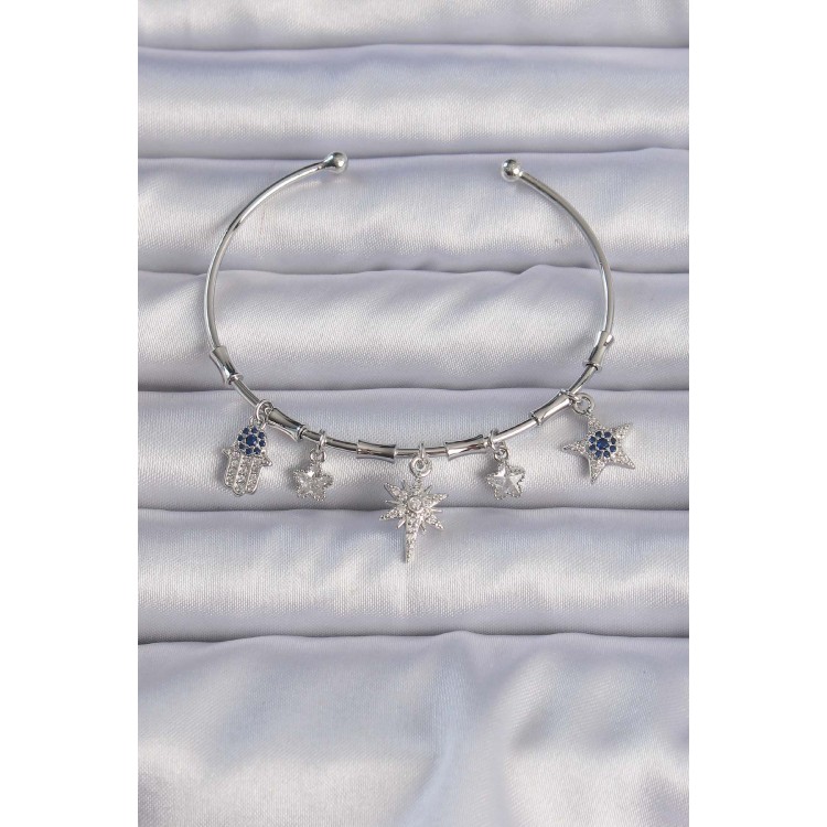 Pirinç Gümüş Renk Zirkon Taşlı Kutup Yıldızı Figürlü Charm Bileklik - TJ-BB6282