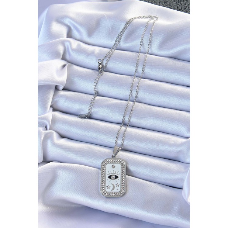 316L Çelik Zincir Gümüş Renk Mineli Zirkon Taşlı Göz Figür Tarot Kolye - TJ-BKO9214