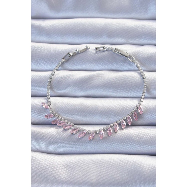 Pirinç Vip Seri Gümüş Renk Pembe Zirkon Taşlı Bileklik - TJ-BB6326