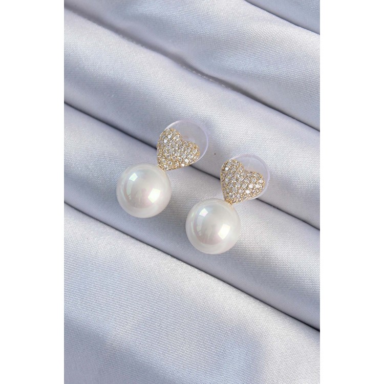 Brass Gold Color Zircon Stone Heart Model Pearl Design Women's Earrings - TJ-BKP9482