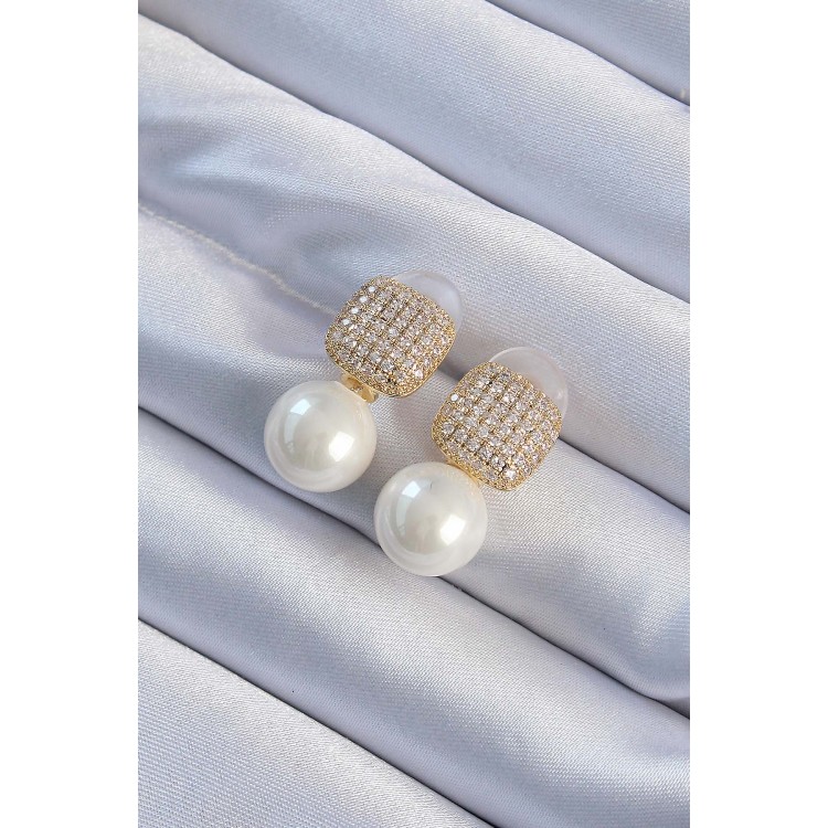 Brass Gold Color Zircon Stone Square Model Pearl Design Women's Earrings - TJ-BKP9484