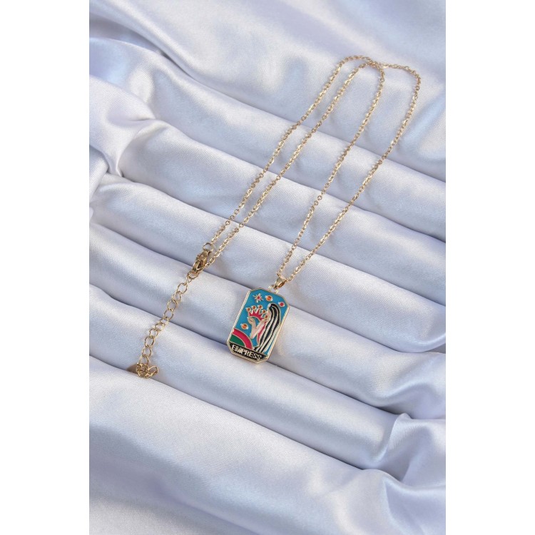 316L Çelik Zincir Altın Renk Taç ve Kız Figürlü Renkli Mineli Tarot Kolye - TJ-BKO9229