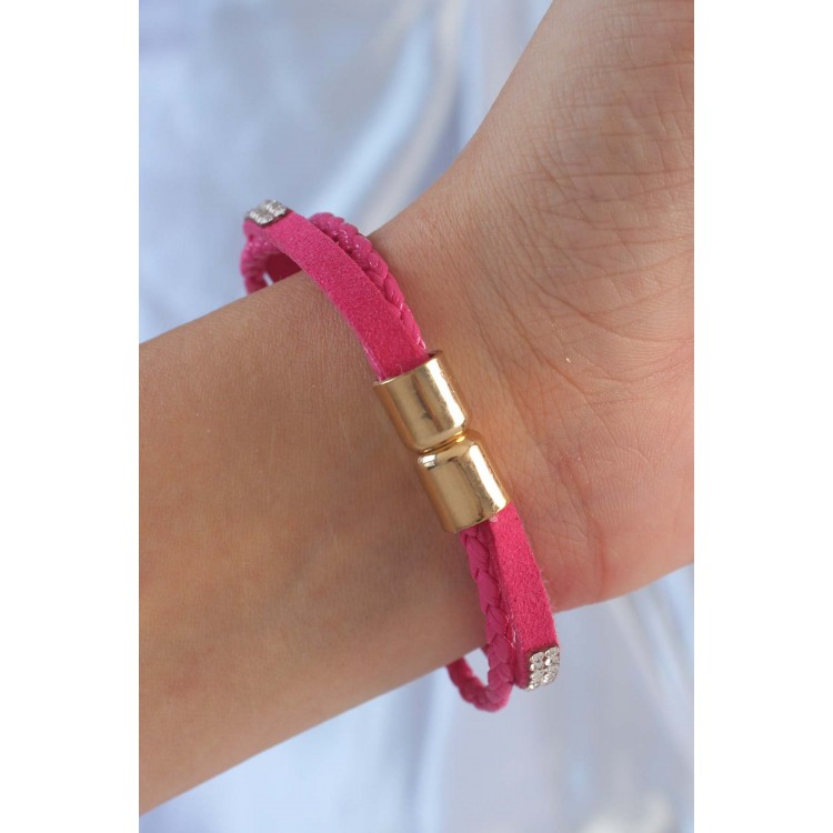 Pembe Renk Zirkon Taşlı Deri Çoklu Bileklik - TJ-BB6352
