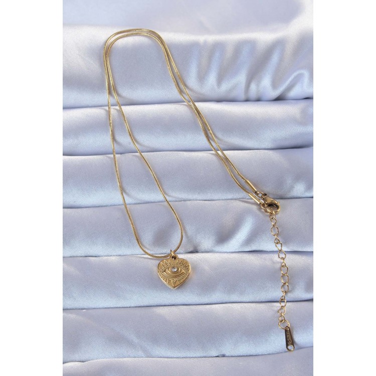 316L Altın Renk Zirkon Taşlı İşlemeli Göz Detay Kalp Kolye - TJ-BKO9286