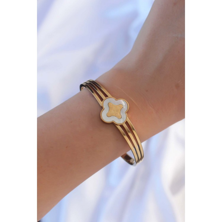 316L Steel Gold Color Embroidered Pearlescent Clover Bracelet - TJ-BB6379