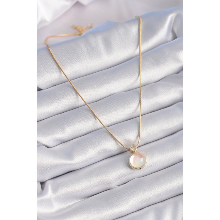 316L Çelik Gold Renk Beyaz Sedefli Vintage Kadın Kolye - TJ-BKO9328