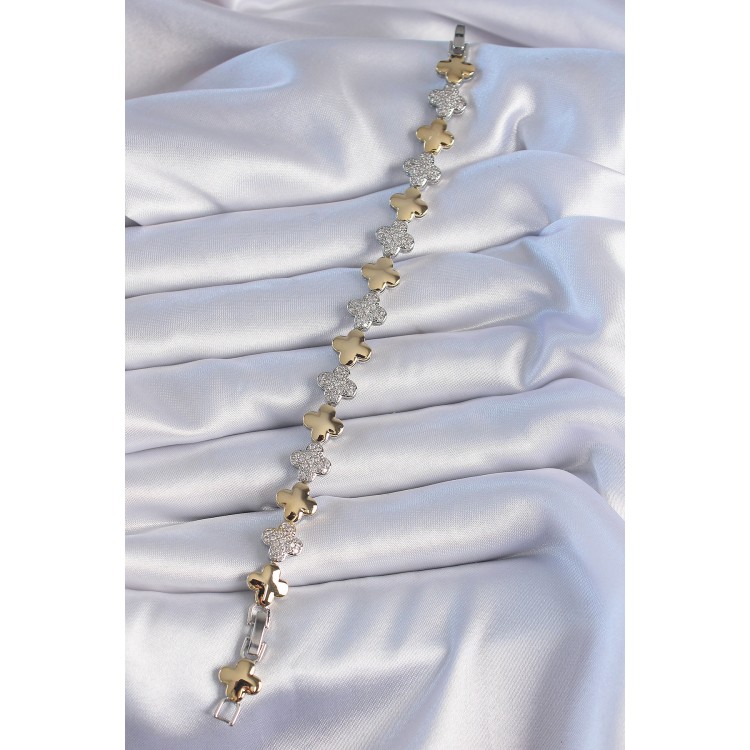 Pirinç Gümüş Gold Renk Zirkon Taşlı Yonca Model VİP Seri Kadın Bileklik - TJ-BB6403