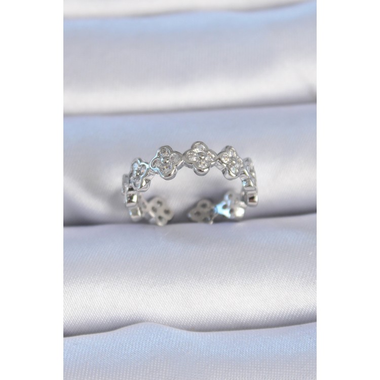 Pirinç Gümüş Renk Zirkon Taşlı Yonca Model Kadın Yüzük - TJ-BYK3305