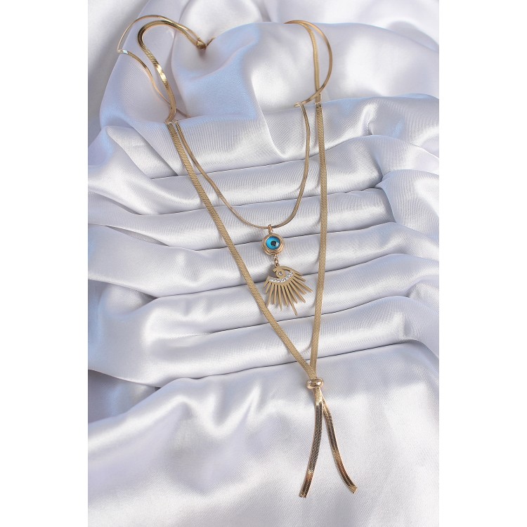 316L Çelik Gold Renk 2'li Zincir İtalyan Zincir Göz Model Zirkon Taşlı Kadın Kolye - TJ-BKO9384