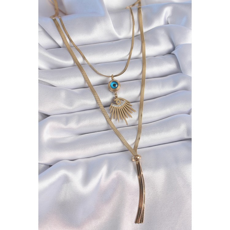 316L Çelik Gold Renk 2'li Zincir İtalyan Zincir Göz Model Zirkon Taşlı Kadın Kolye - TJ-BKO9384