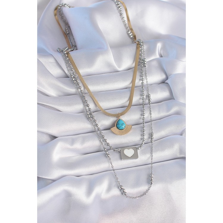 316L Çelik Mix Renk 3'lü Zincir Damla Madalyon Figür Uzun Kadın Kolye - TJ-BKO9402