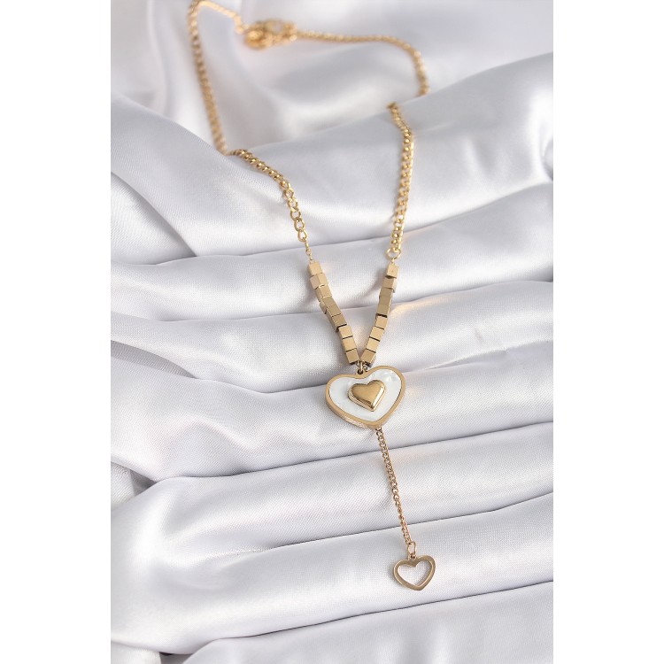 316L Çelik Gold Renk Beyaz Sedefli Kalp Model Sallantı Detay Kadın Kolye - TJ-BKO9407