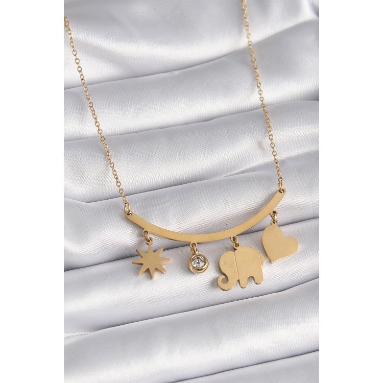 316L Çelik Gold Renk Fil Figür Zirkon Taş Detay Kadın Kolye - TJ-BKO9408