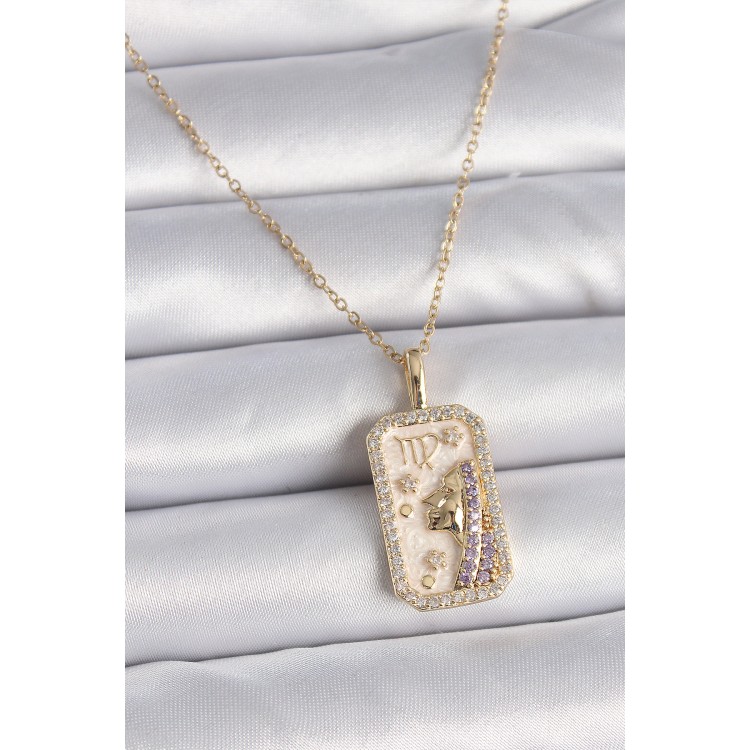 316L Çelik Gold Renk Zincir Başak Burcu Zirkon Taşlı Kadın Kolye - TJ-BKO9461