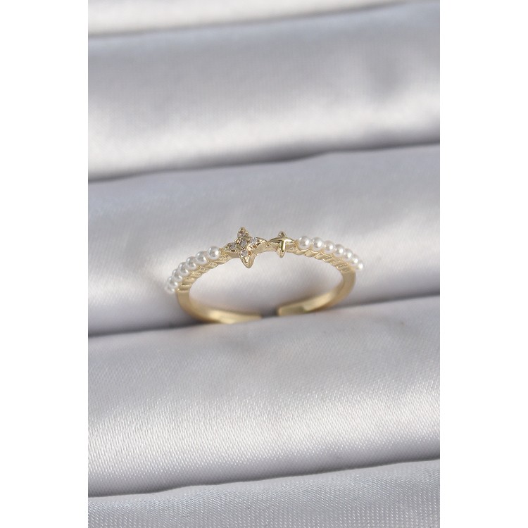 Brass Gold Color Zircon Stone Star Row Pearl Adjustable Model Women's Ring - TJ-BYK3366