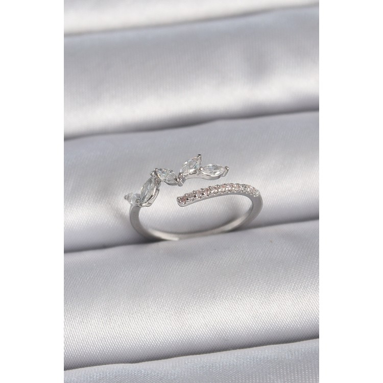 Brass Silver Color Adjustable Zircon Stone Leaf Model Women's Ring - TJ-BYK3379