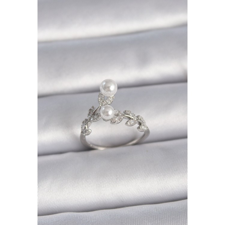 Brass Silver Color Adjustable Zircon Stone Leaf Model Pearl Detail Women's Ring - TJ-BYK3415