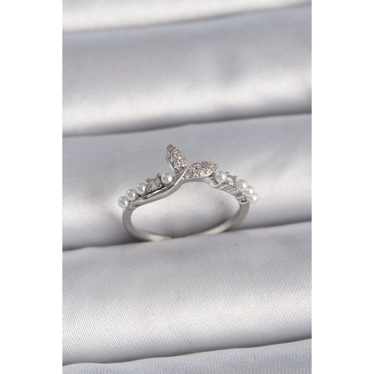 Brass Silver Color Adjustable Zircon Stone Fishtail Pearl Detail Model Women's Ring - TJ-BYK3417