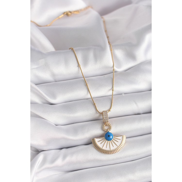 316L Çelik Gold Renk Zincir Zirkon Taş Detaylı Nazar Boncuk Göz Model Kadın Kolye - TJ-BKO9474