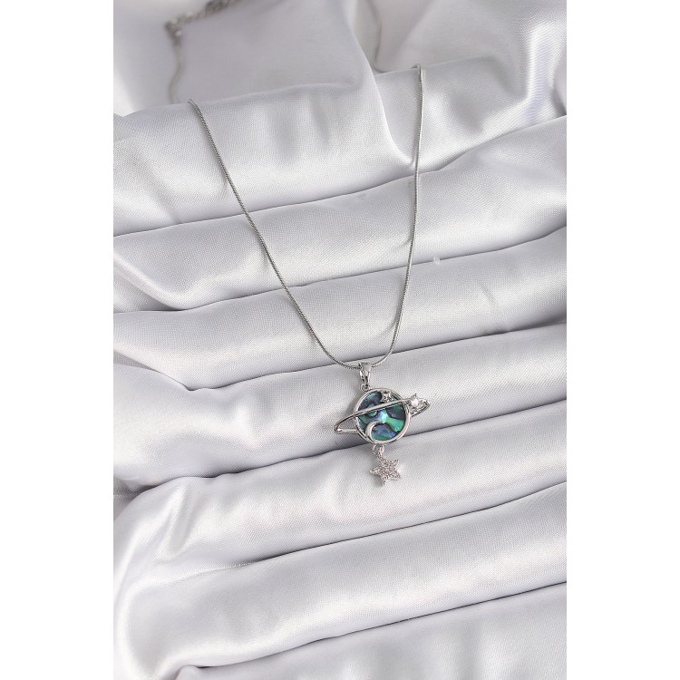 316L Çelik Gümüş Renk Zincir Zirkon Taşlı Gezegen Model Kadın Kolye - TJ-BKO9478