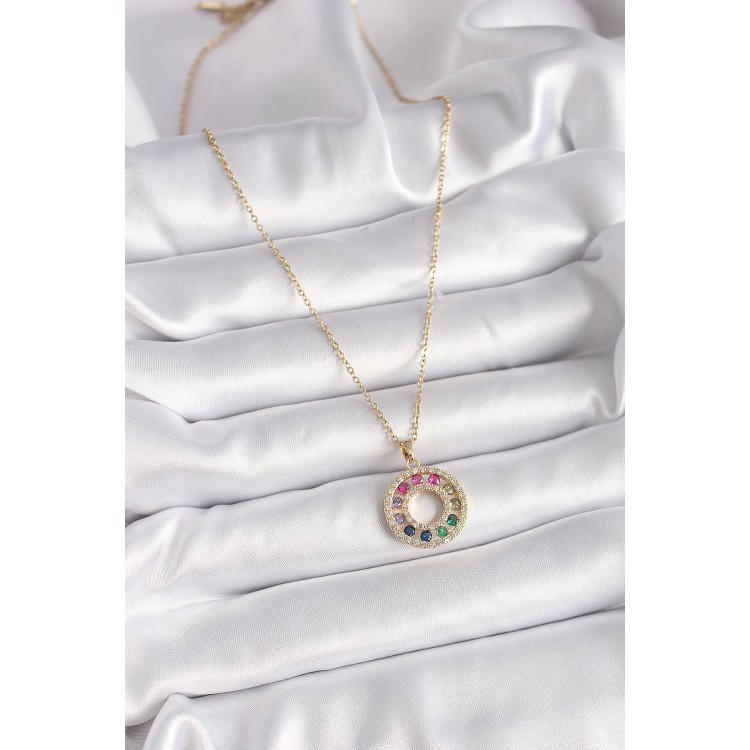 316L Çelik Gold Renk Zincir Renkli Zirkon Taşlı Madalyon Model Kadın Kolye - TJ-BKO9490