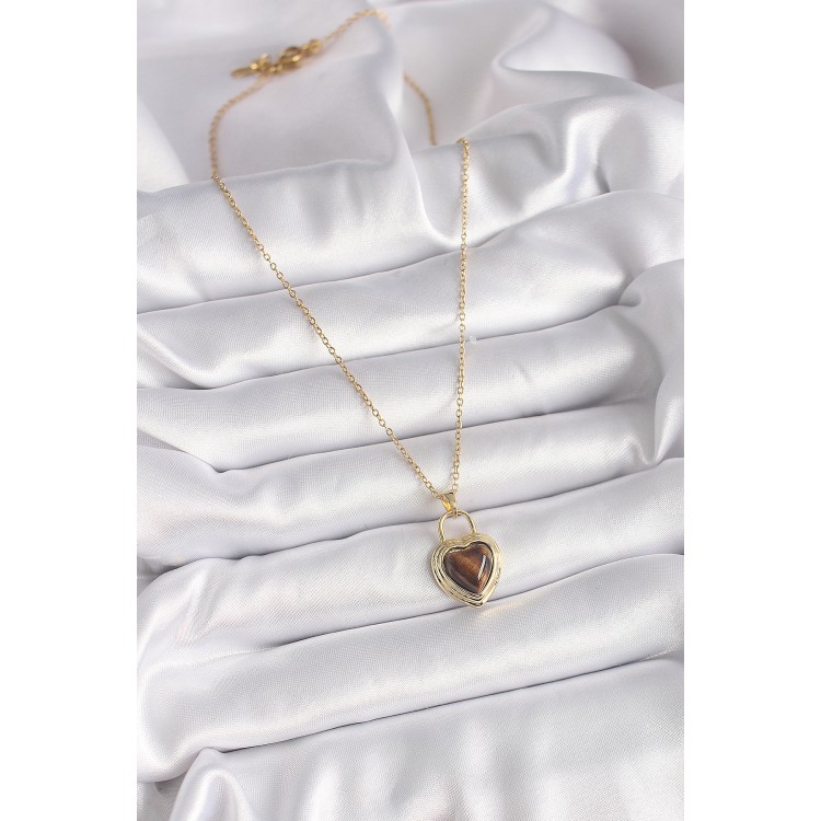 316L Çelik Gold Renk Zincir Kilit Kalp Kehribar Boncuk Model Kadın Kolye - TJ-BKO9496