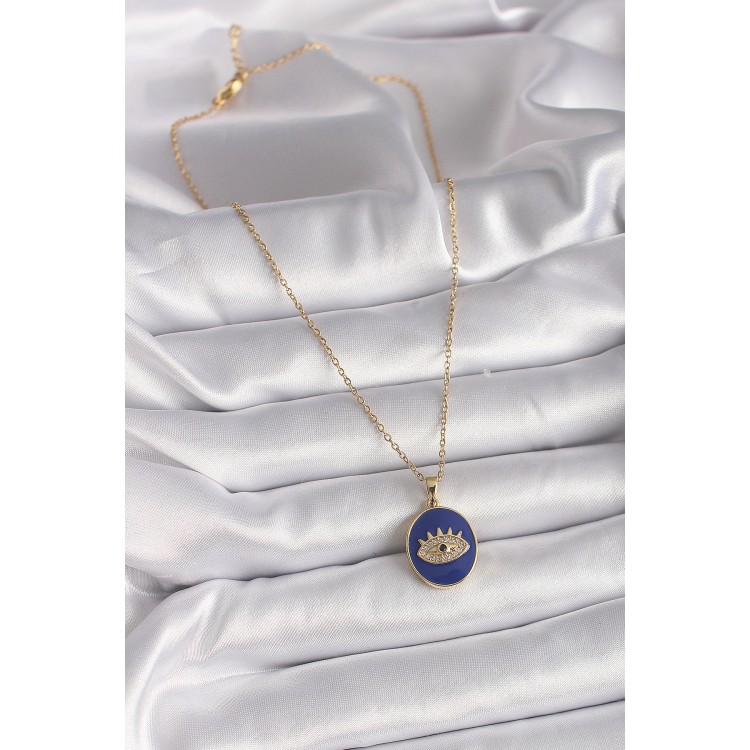 316L Çelik Gold Renk Zincir Mavi Mineli Zirkon Taşlı Göz İşleme Kadın Kolye - TJ-BKO9505