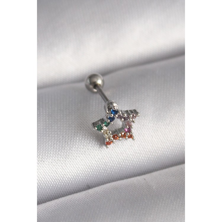 316L Çelik Gümüş Renk Renkli Zirkon Taşlı Yıldız Model Tragus Piercing - TJ-PR1355