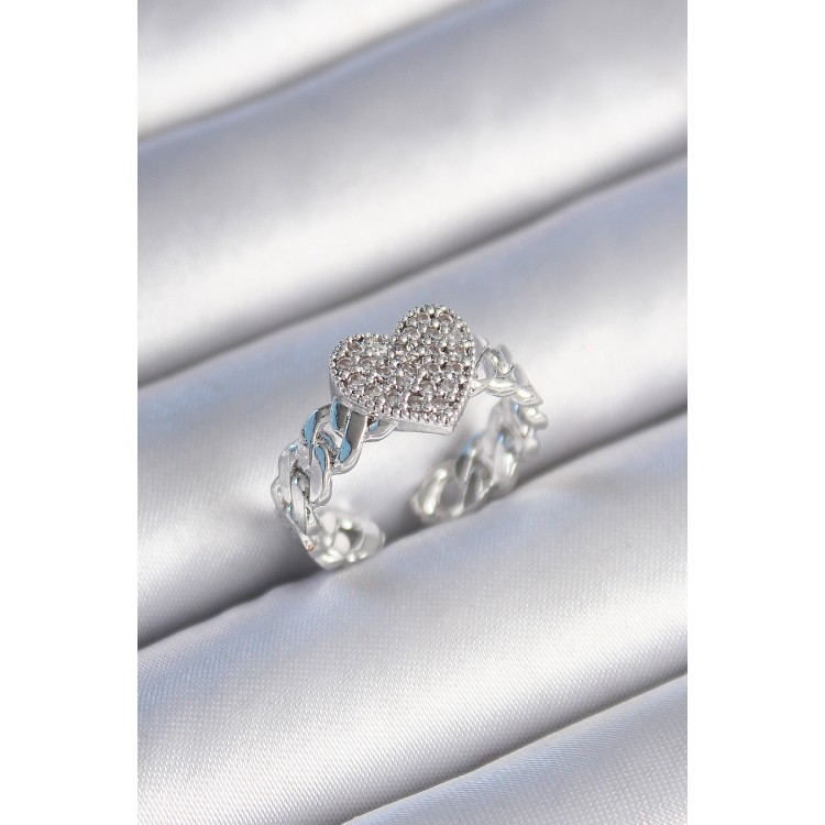 Pirinç Gümüş Renk Zincir Kordon Zirkon Taşlı Kalp Model Kadın Yüzük - TJ-BYK3484