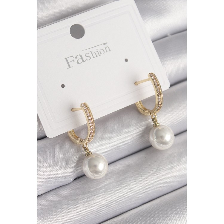 Brass Gold Color Zircon Stone Dangle Pearl Model Women's Earrings - TJ-BKP9752