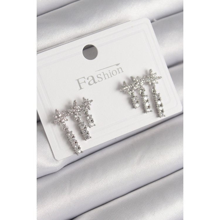 Pirinç Gümüş Renk Zirkon Taşlı 3'Lü Sallantı Yıldız Model Kadın Küpe - TJ-BKP9757