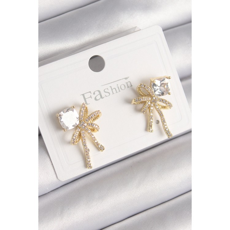 Pirinç Gold Renk Zirkon Taşlı Kurdele Model Kadın Küpe - TJ-BKP9776