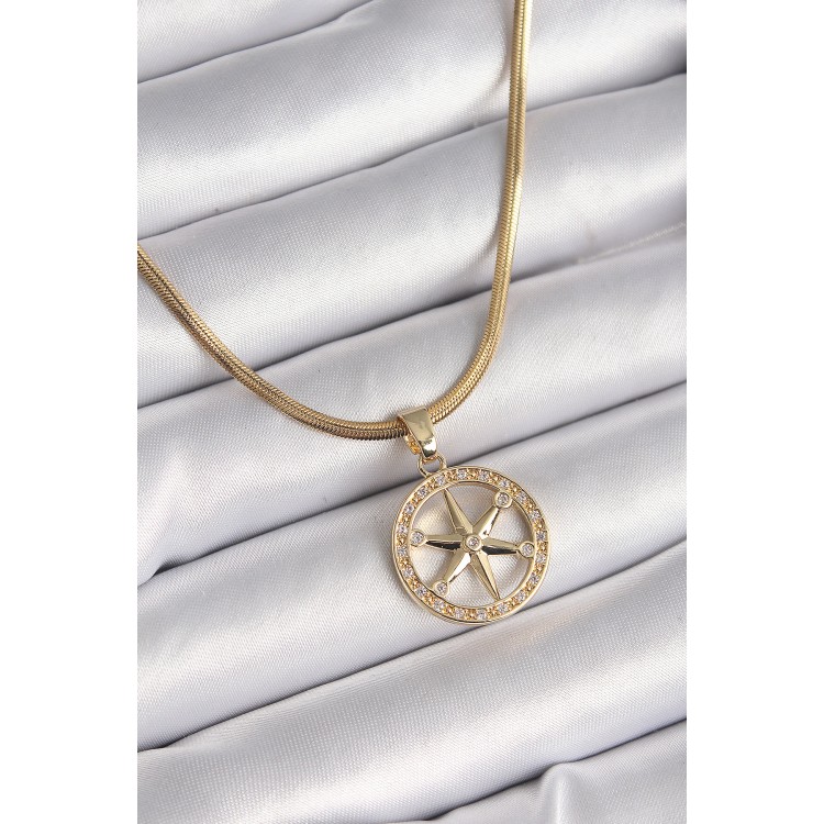 316L Çelik Gold Renk İtalyan Zincir Zirkon Taşlı Kutup Yıldız Model Kadın Kolye - TJ-BKO9595