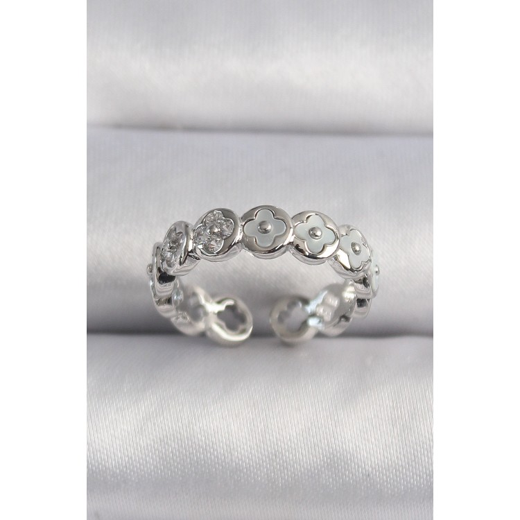 Pirinç Gümüş Renk Beyaz Sedefli Yonca Model Kadın Yüzük - TJ-BYK3497