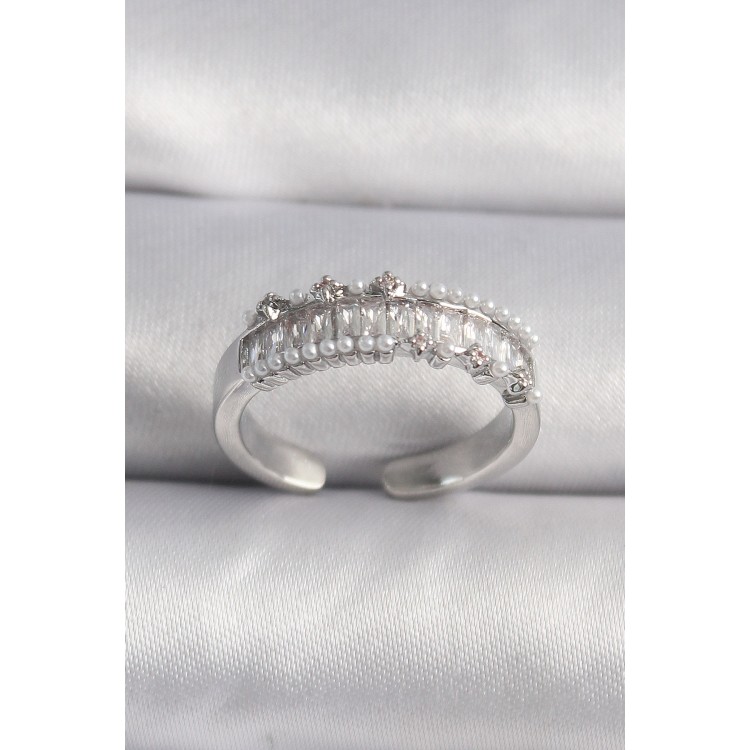 Pirinç Gümüş Renk Zirkon Taşlı İnci Detay VIP Seri Kadın Yüzük - TJ-BYK3519