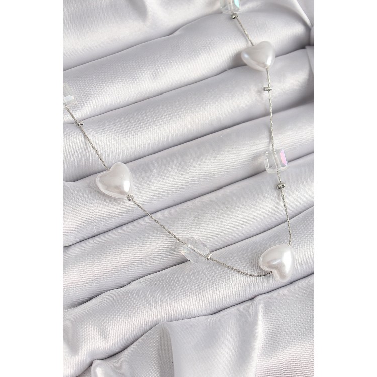 Pirinç Gümüş Renk Beyaz İnci Kalp Model Kadın Kolye - TJ-BKO9624