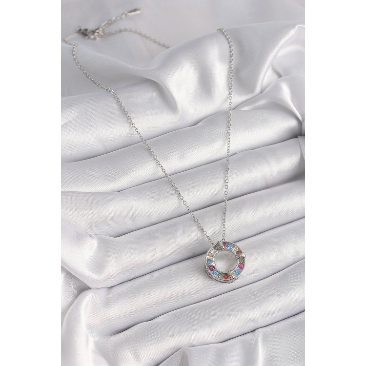 316L Çelik Gümüş Renk Zincir Renkli Zirkon Taşlı Xoxo Model Kadın Kolye - TJ-BKO9629