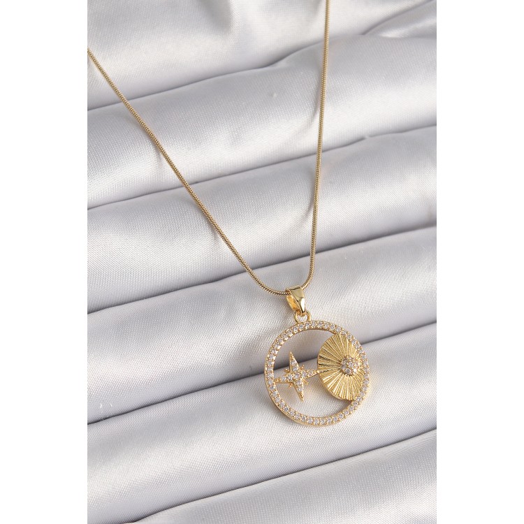 316L Çelik Gold Renk Zincir Zirkon Taşlı Yıldız İşleme Madalyon Model Kadın Kolye - TJ-BKO9636