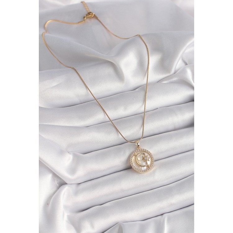 316L Çelik Gold Renk Zincir Zirkon Taş Detaylı Beyaz Sedefli Ay Yıldız Model Kadın Kolye - TJ-BKO9638