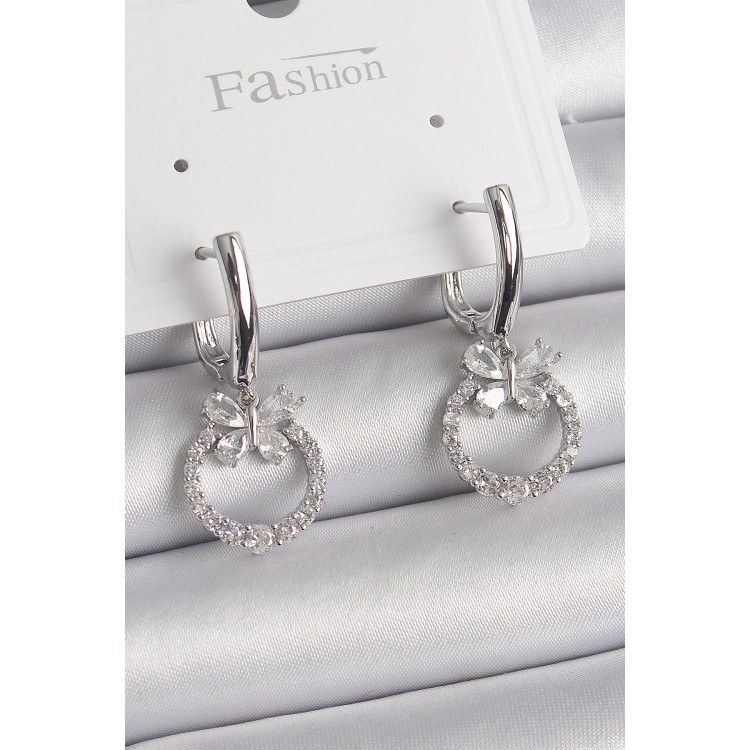 Pirinç Gümüş Renk Zirkon Taşlı Kelebek Figür Sallantı Detay Kadın Küpe - TJ-BKP9841