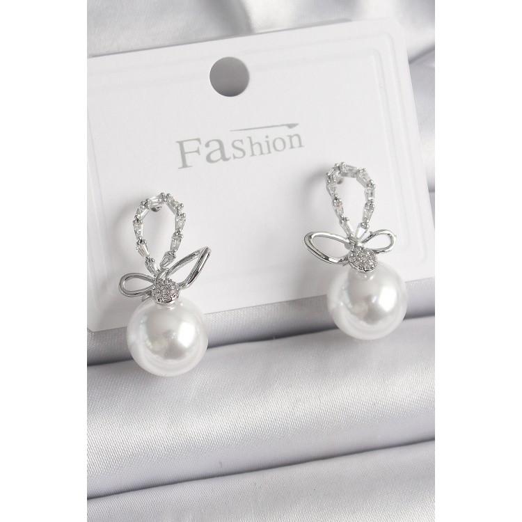 Brass Gold Color Zircon Stone Detailed Bow Pearl Model Women's Earrings - TJ-BKP9845