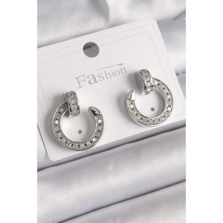 Pirinç Gümüş Renk Zirkon Taşlı Çivi Halka Model Kadın Küpe - TJ-BKP9847