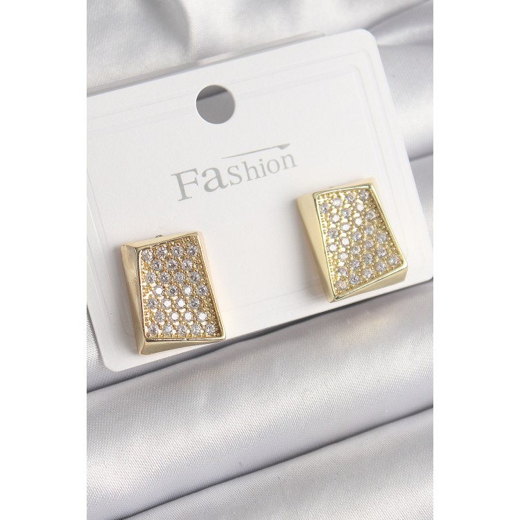 Pirinç Gold Renk Zirkon Taşlı Plaka Model Kadın Küpe - TJ-BKP9848